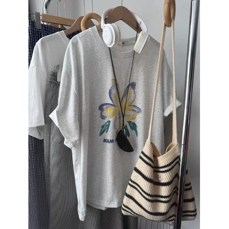 

Женская футболка больших размеров, лето 2026, с цветочным принтом, свободного кроя, базовая, повседневная, с круглым вырезом, длинным рукавом, в художественном стиле