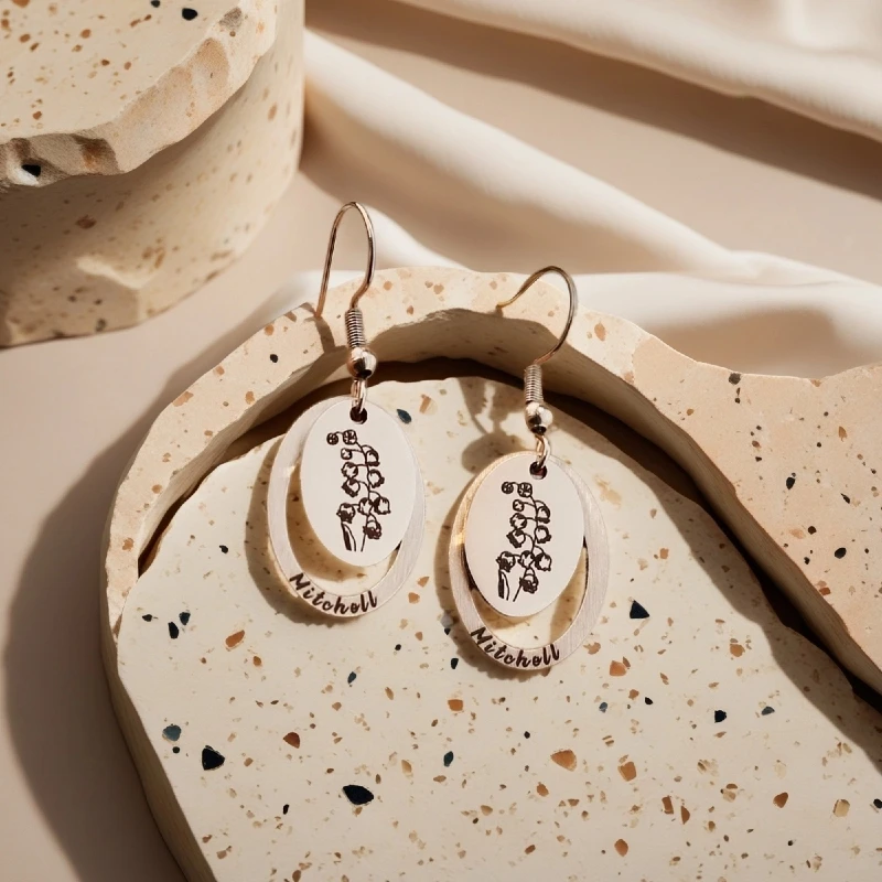 

Personalized Birh Flower Stainless Steel Earrings with Name Engraving