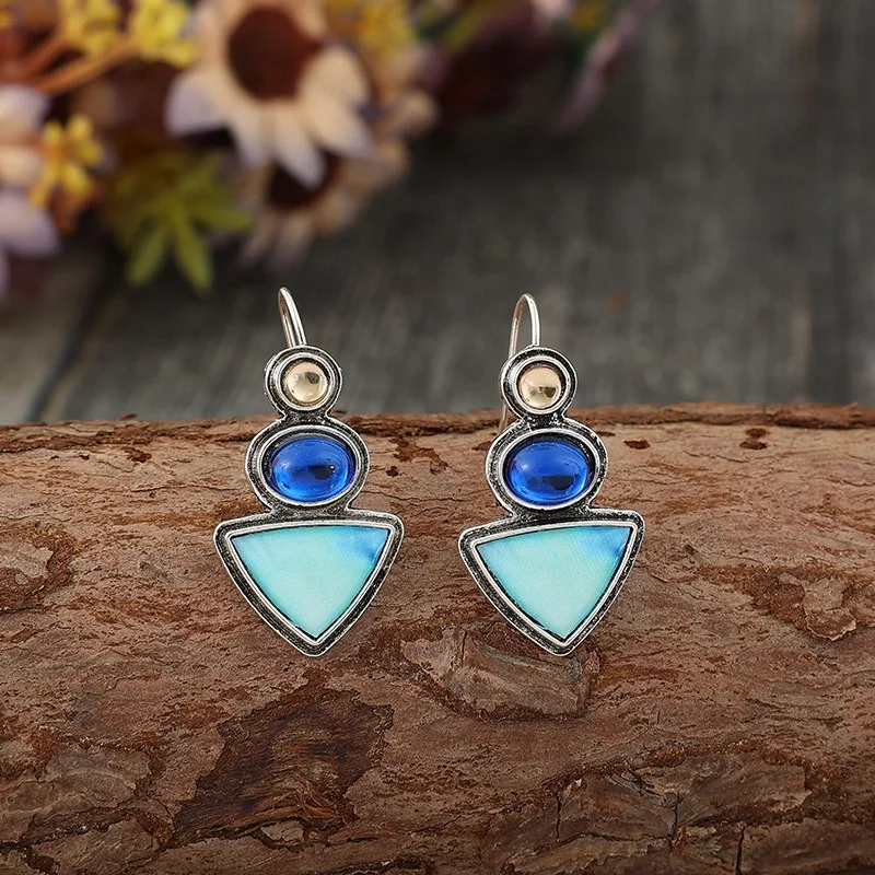 Ethnic Silver Color Geometric Triangles and Circles Champagne Blue Stone Earring Vintage Paste Pattern Dangle Earrings for Women