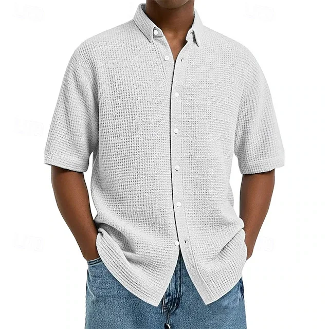 Men's Summer Shirt 2026 New Men Waffle Shirt Solid Color Lapel Short Sleeve Casual Loose Fashion Daily Wear Tops Shirts for Man