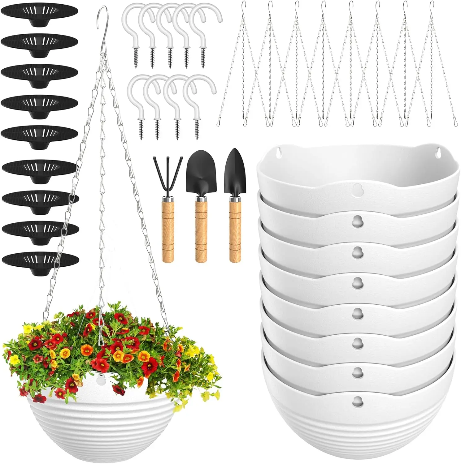 

Hanging Planters, Set of 9 White Hanging Pots, 8" Hanging Flower Pots, Plant Pots with Drainage Plugs, Water Barrier and