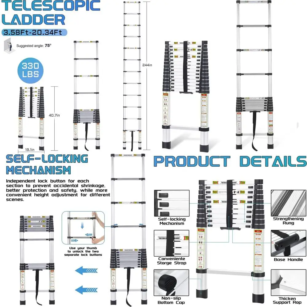 

Телескопическая лестница длиной 20,3 фута и чердачная лестница, прочный алюминий с нескользящими ножками, грузоподъемность 330 фунтов для автофургонов, чердаков, крышей и мультистрелов.