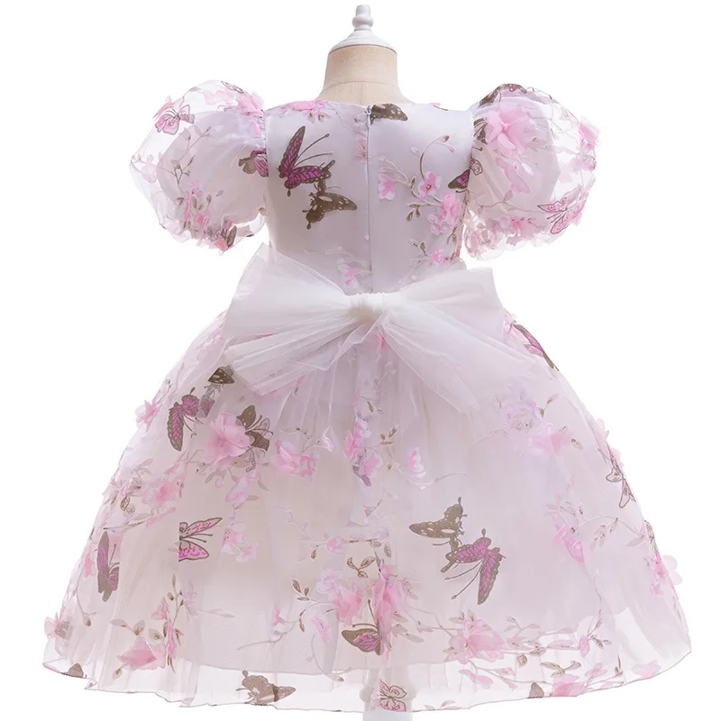 0-6th Birthday Party Girl Princess Dress Rose Embroidered Bubble Sleeves Christmas Children\'s Party Elegant Evening Dress