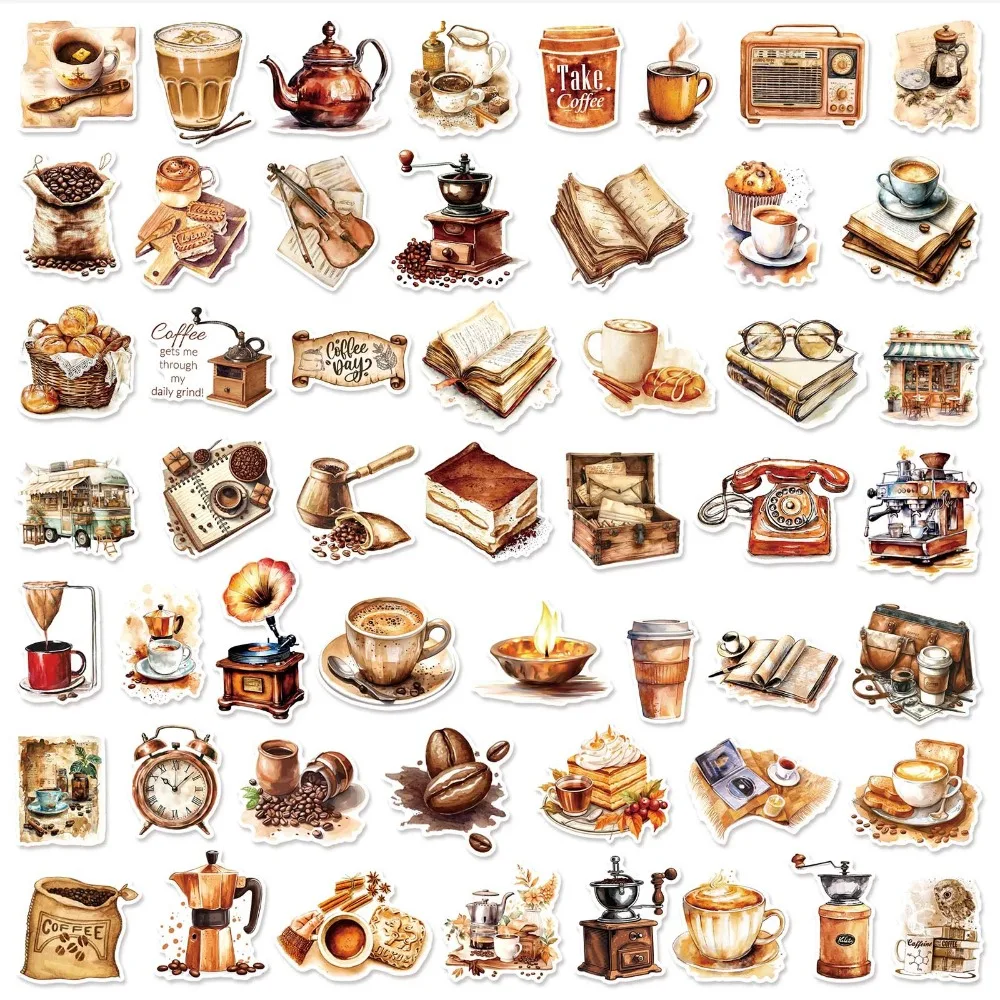 สติกเกอร์ลายกาแฟสไตล์เรโทร 10/25/50 ชิ้น สำหรับตกแต่งสมุดภาพ โทรศัพท์ แล็ปท็อป กีตาร์ กระเป๋าเดินทาง สเก็ตบอร์ด มอเตอร์ไซค์ ขวดน้ำ