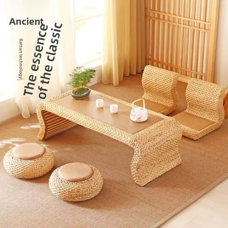 Modern Handmade Rattan Cushion Yoga Seat Foot Stool for Home Bedroom Hotel Office Decor Comfortable Natural Woven Design