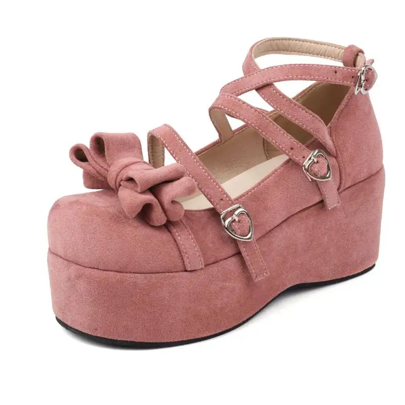 REAVE CAT Lady Pumps Round Toe Wedges Flock Suede Platform Hill 4.5cm Shoes Buckle Strap Bowknot Sweet Daily Big Size 45 46