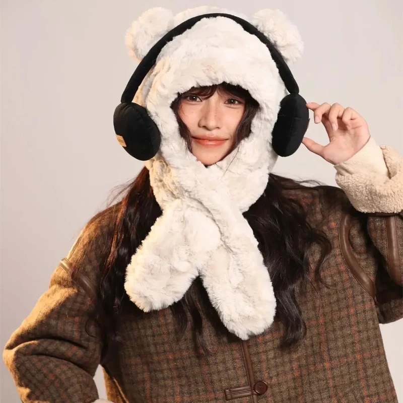 دافئ فروي سماعة الدب وشاح المتكاملة قبعة المرأة الخريف الشتاء المألوف واقية الأذن قبعة الباردة والدليل على الكرة كاب #3
