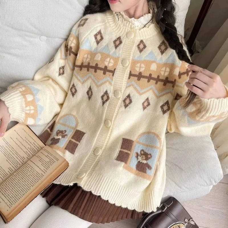 Japanese Sweet Lolita Style Sweaters Women Kawaii Cartoon Bear Jacquard Long Sleeve Knitted Cardigans Harajuku Y2k Knitwear Tops