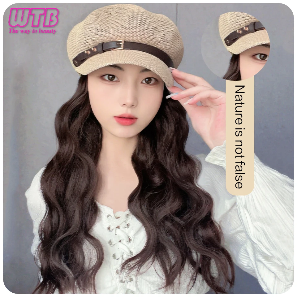 Octagonal cap Long Wavy curly hair Hat Wig Synthetic Hair Extensions Hat With Hair Natural Hairpiece For Women's daily wear