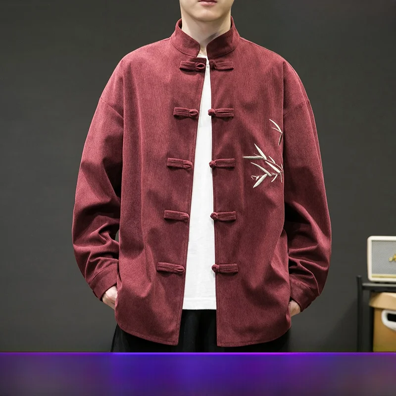 

Мужская куртка в стиле ретро, свободного кроя, с вышивкой, на пуговицах, весна-осень, из хлопка и льна, в стиле колор-блок