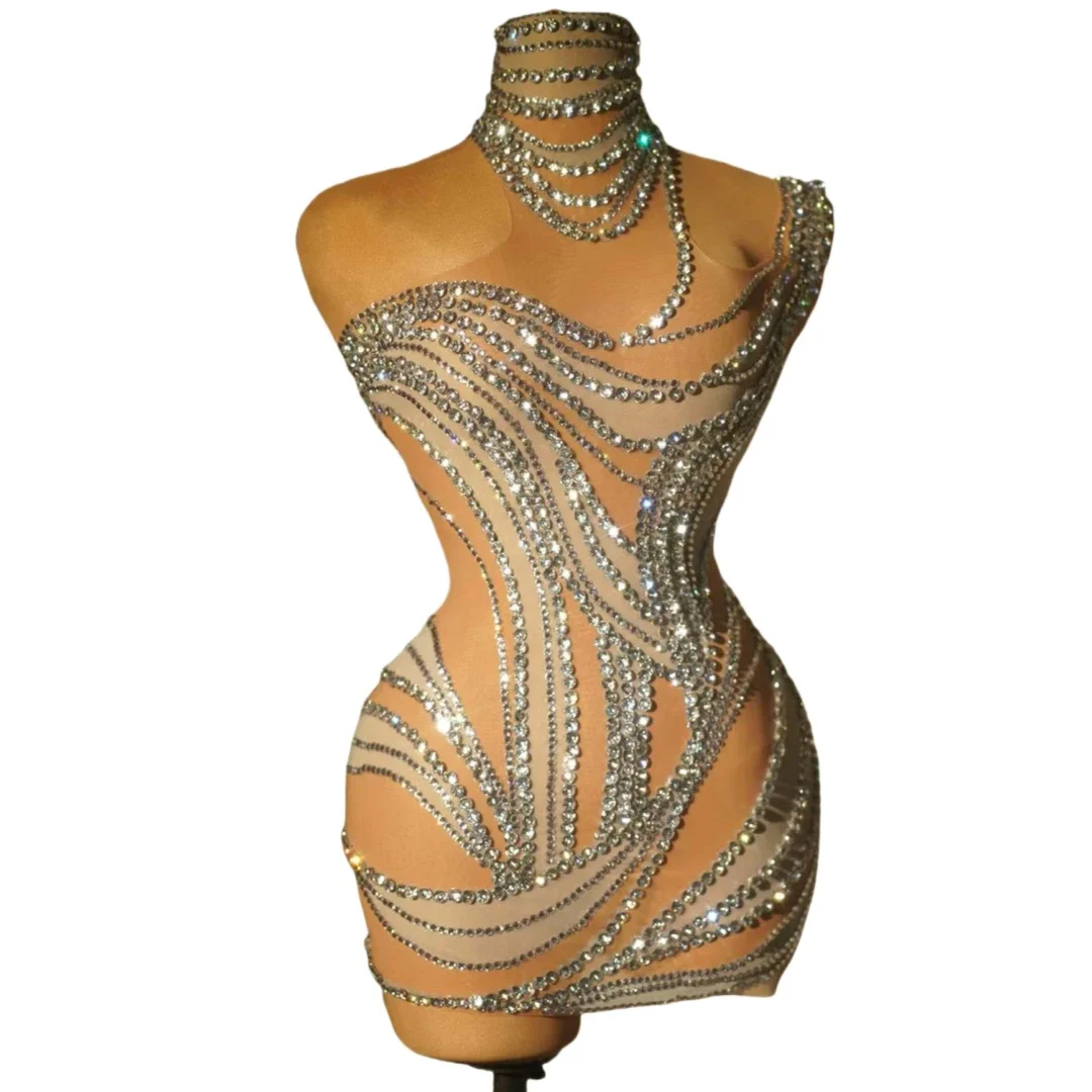 

Women Glitter Rhinestone Sexy Goddess Senior Homecoming Mini Dress Celebrate Las Vegas Show Drag Queen Costume