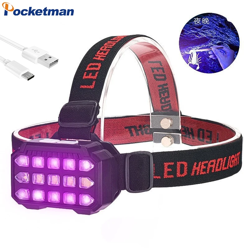 UV LED Black Light Headlamp White and UV Light Headlight Super Bright Rechargeable Blacklight Head Lamp Head Flashlight