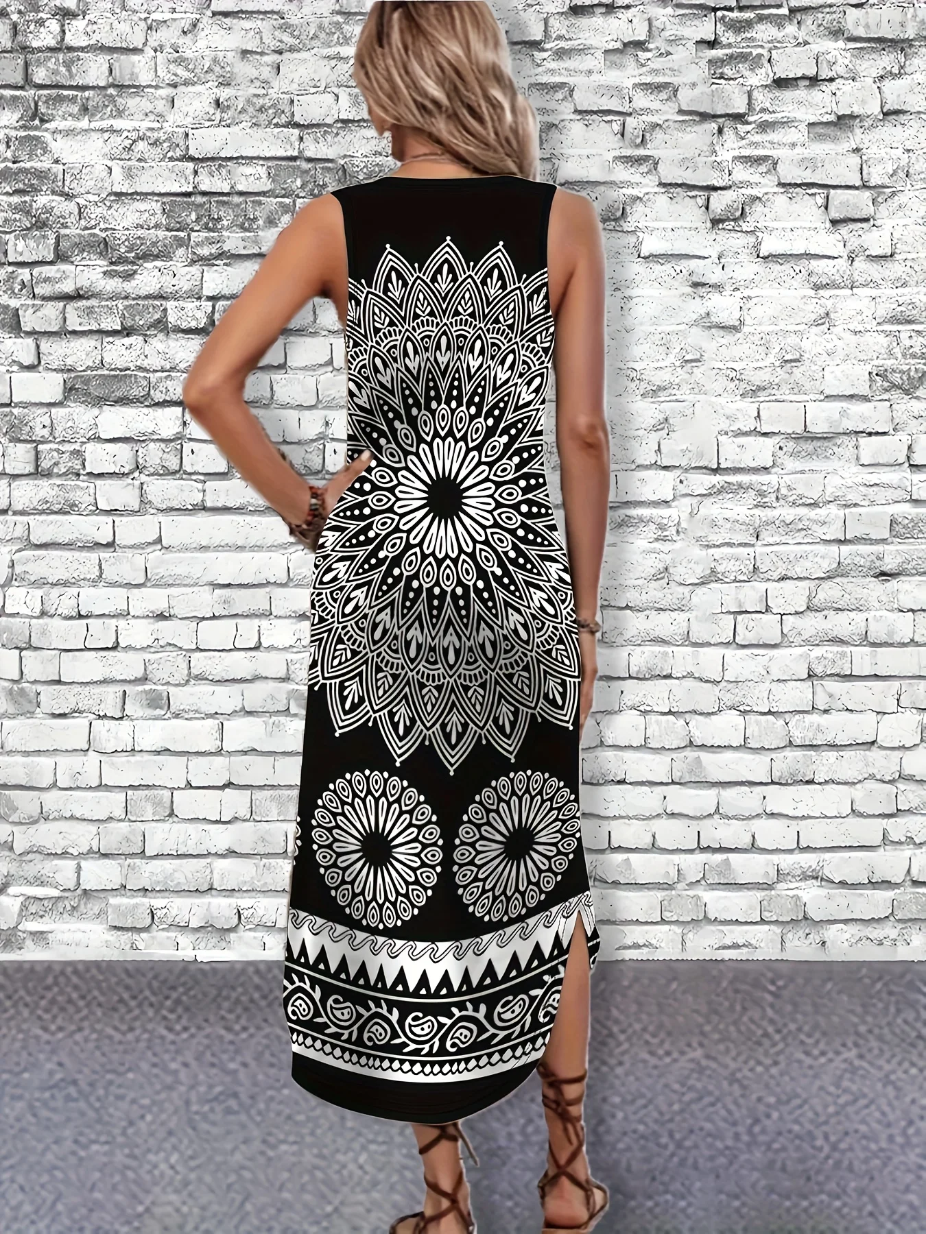 Damska Sukienka Midi Bez Rękawów Czarno-Biała Mandala Boho Etniczna Letnia Imprezowa Codzienna Plażowa Sukienka Letnia
