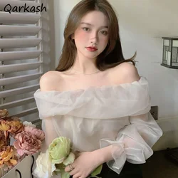 Blouses Women Mesh Slash Neck Solid Flare Sleeve Korean Fashion Style Daily Basic Sweet Design All-match Classic Summer Popular