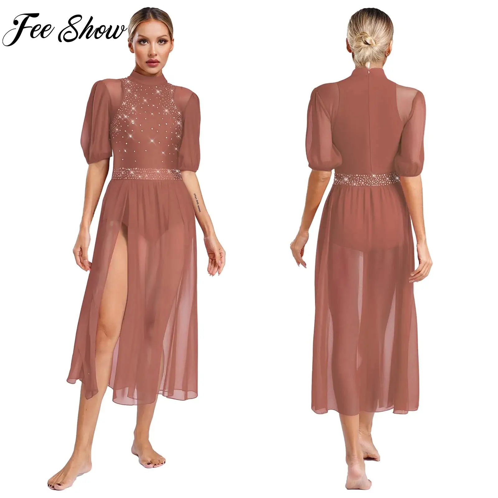 Womens Lyrical Dance Overly Dress Shiny Rhinestone Sheer Mesh Modern Contemporary Skirted Leotard Dress Skating Dance Costumes