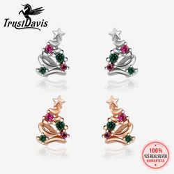 TrustDavis Real 925 Sterling Silver Cute Christmas Tree Screw Stud Earrings for Women Girls Fashion Fine Jewelry Gift DS4616