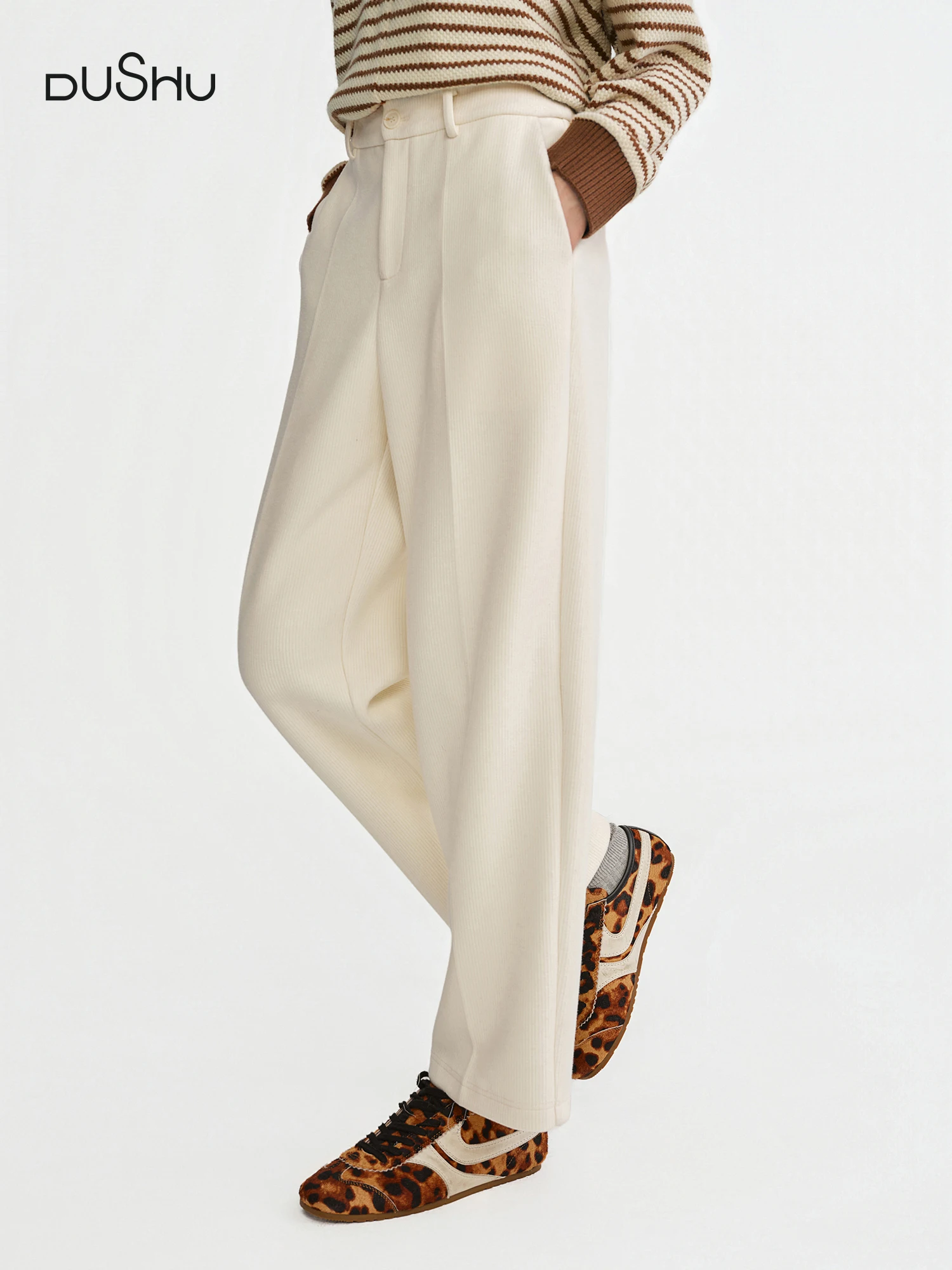 

DUSHU толстые белые прямые брюки женские шерстяные теплые универсальные осенне-зимние брюки 2025 новый стиль багет повседневные брюки
