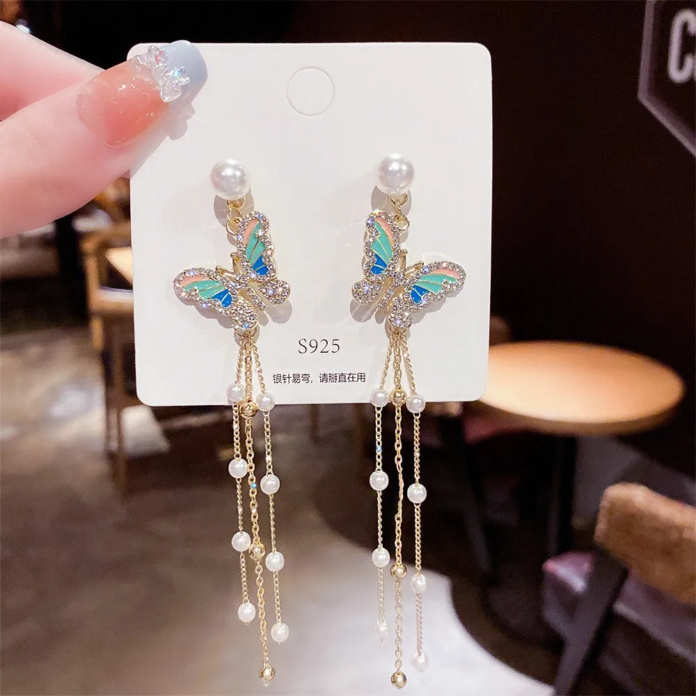 Sweet Butterfly Earrings High Sense Celebrity Style Long Style Pearl Tassels Show Face Thin Crystal Earrings Women's Ornament