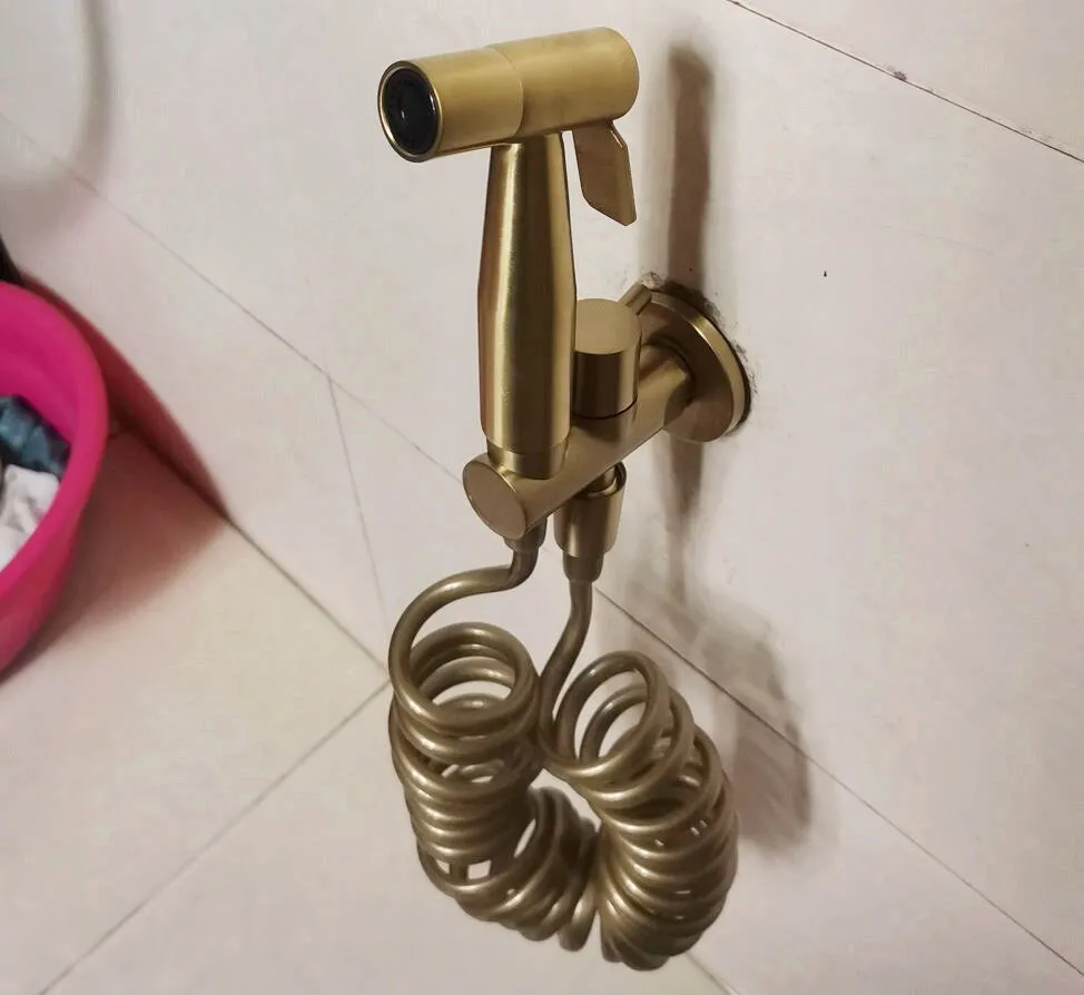 Brushed Gold Bidet Sprayer Solid Brass Valve Handheld Toilet Douche kit Stainless Steel Shattaf Shower head Faucet Tap