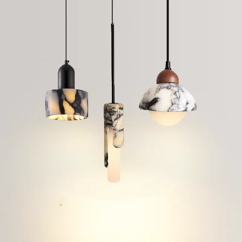 

2025 Luxury Black Round Natural Stone Pendant Lamp Led Marble Bedside Hanging Lamp Minimalist Dining Room Travertine Pendant Lig