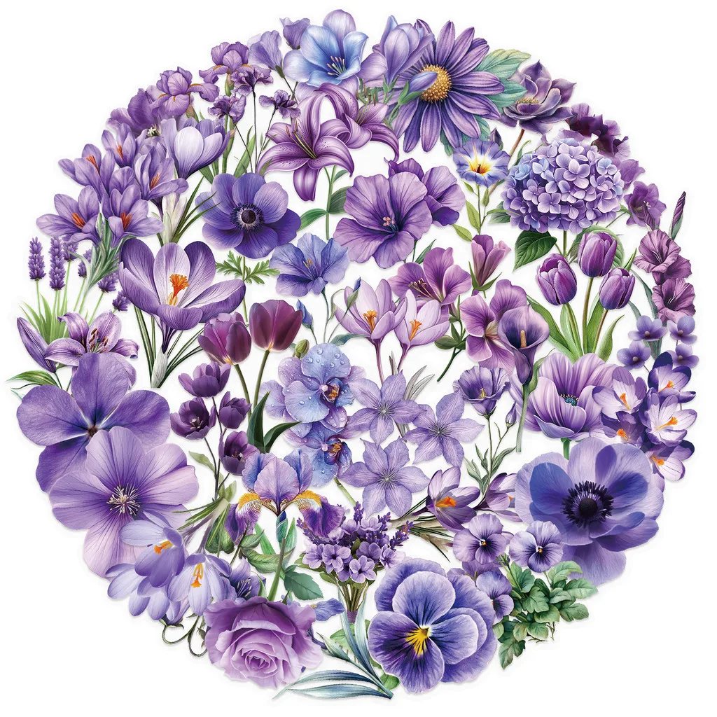 50pcs Transparent Purple Flower Stickers | Waterproof PET Decals for Guitar & Journals  LanLanStickersWorld Store