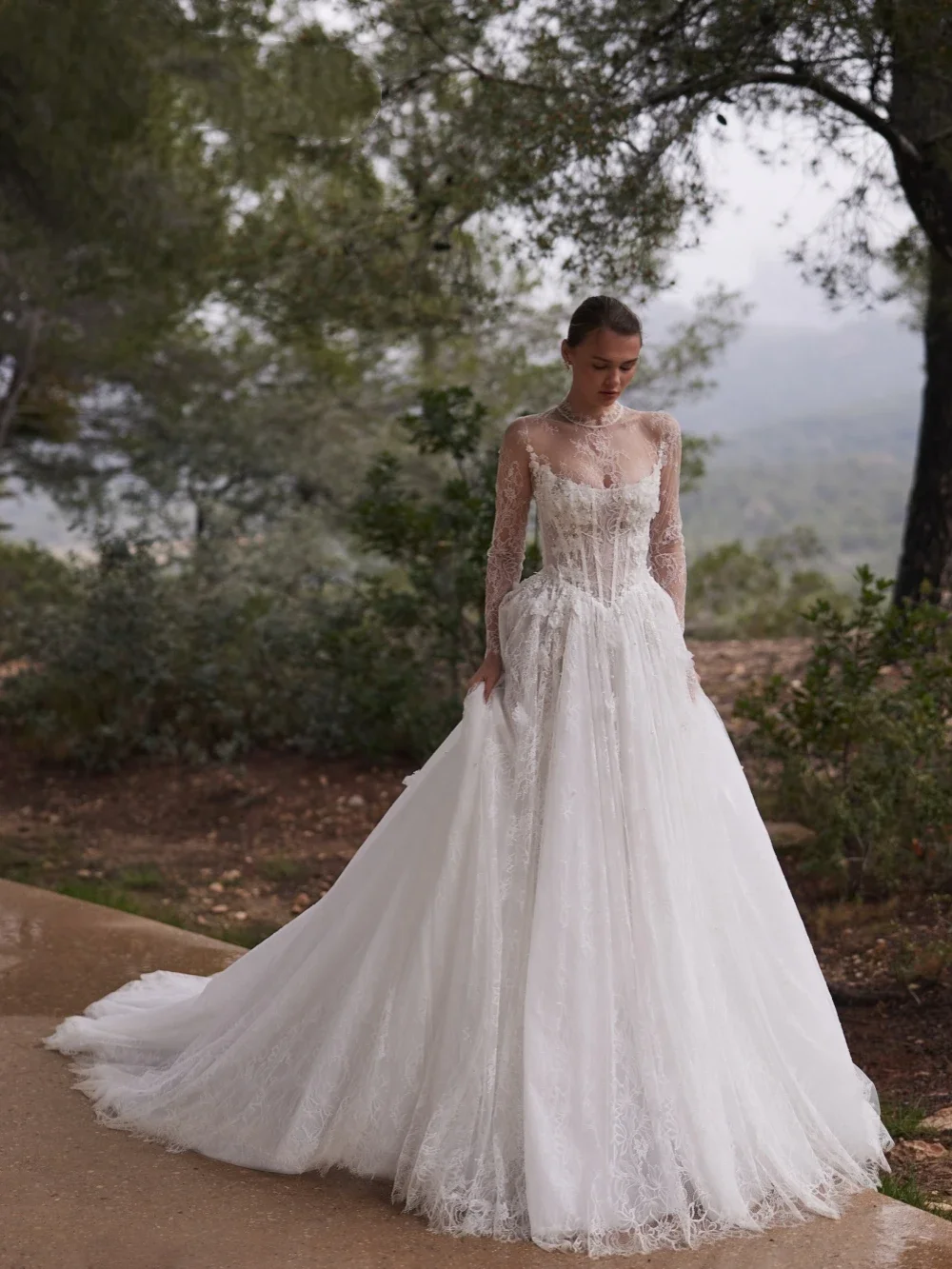 OL Dreamy-vestido de novia de flores 3D con cuentas brillantes, vestido modesto de manga larga con cuello alto, vestidos Aline blancos personalizados para novia 2026