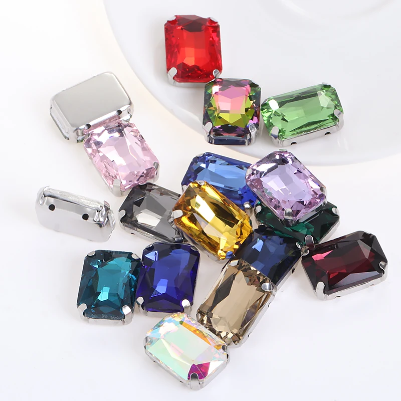 Shiny Rectangle Rhinestones Crystal Glass Octagonal Flatback For Jewelry Garment Sewing Accessories Whit Sliver Metal Claw Drill