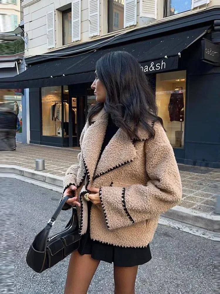 Chic Solid Color Patchwork Warm Coat Women 2023 Autumn Winter Loose Covered Button Long Sleeve Pockets Coats Female Streetwear