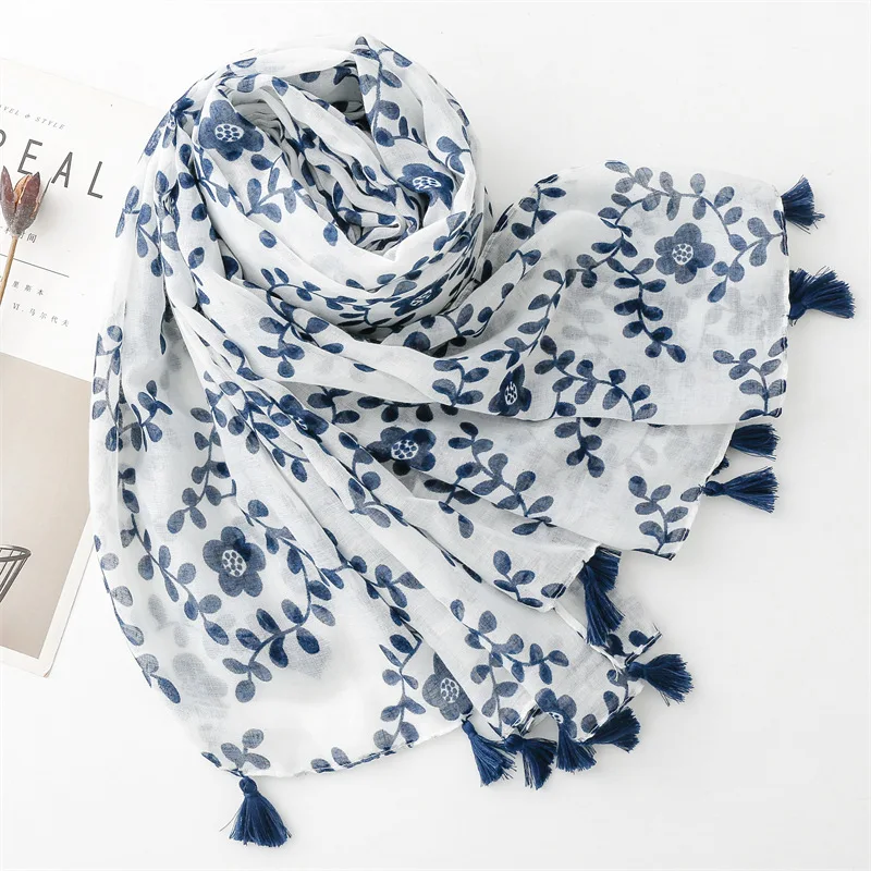 

Winter female scarf luxury brand woman scarf Korean fashion long blue floral printed neck scarf beach wrap hijab scarves