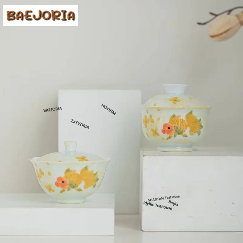 Hand-painted Yellow Longevity Goldfish Gaiwan Creative Tea Tureen Tea Bowl With Lid Kit Tea Making Cover Bowl Tea Set Decoration
