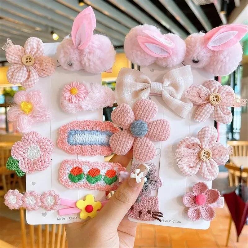 9Pcs/Set Cartoon Bunny Flower Baby Hair Clips Cute Plush Rabbit Hairpin Toddler Girls Barrettes Headwear Kids Hair Accessories