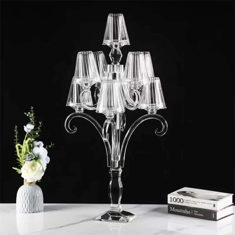 New design 9-arm wedding table glass crystal candlestick lantern and candle jar with lampshade