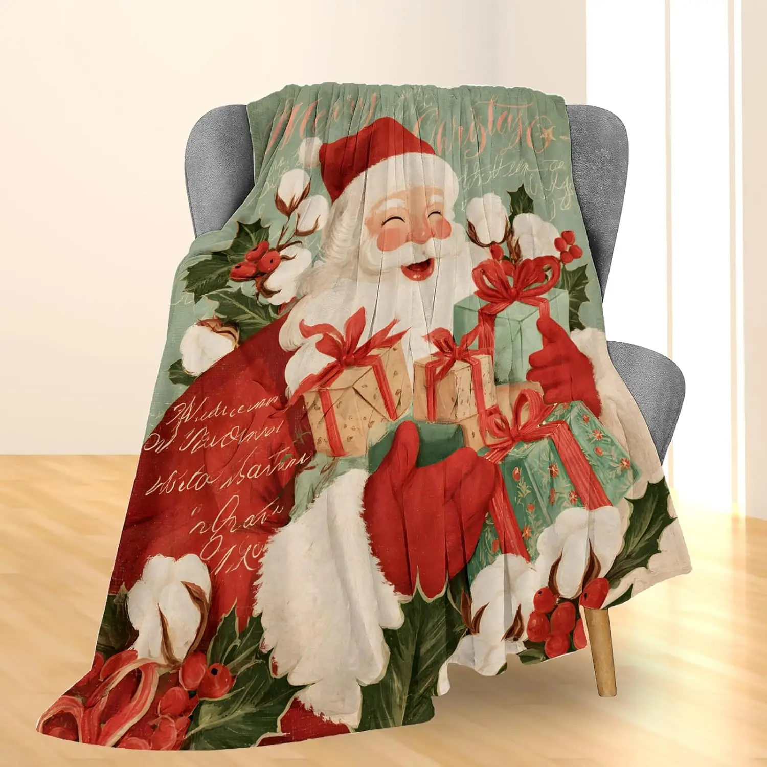 Christmas Santa Sleigh Ride Blanket, Soft Lightweight Flannel Reindeer Flying Throw Blanket for Couch, Travel & Home Decor Gifts