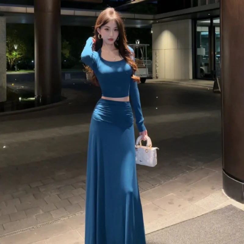 Slimming High Waist Long Sleeve Dress Set Women's Fashion Spring Autumn New Style Two Pieces Polyester Fiber Casual Style