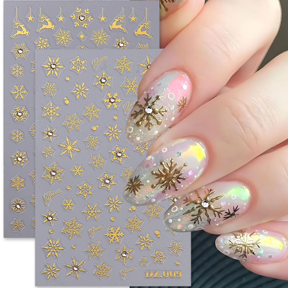 2 個ブロンズ雪片ネイルステッカーラインストーン付きメタリックゴールドエルク宝石雪片冬クリスマス新年装飾ジュエリーデカール