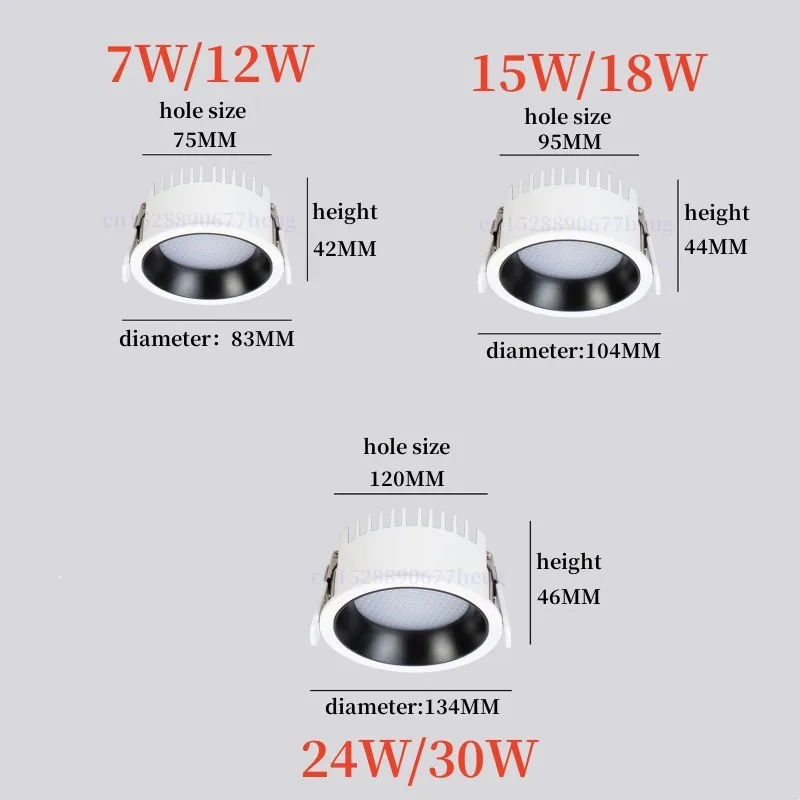 Recessed Anti-glare Dimmable LED COB Downlight 7W12W15W18W 24W30W AC85-265V LED Ceiling Lamp Home Living Room Bedroom Lighting