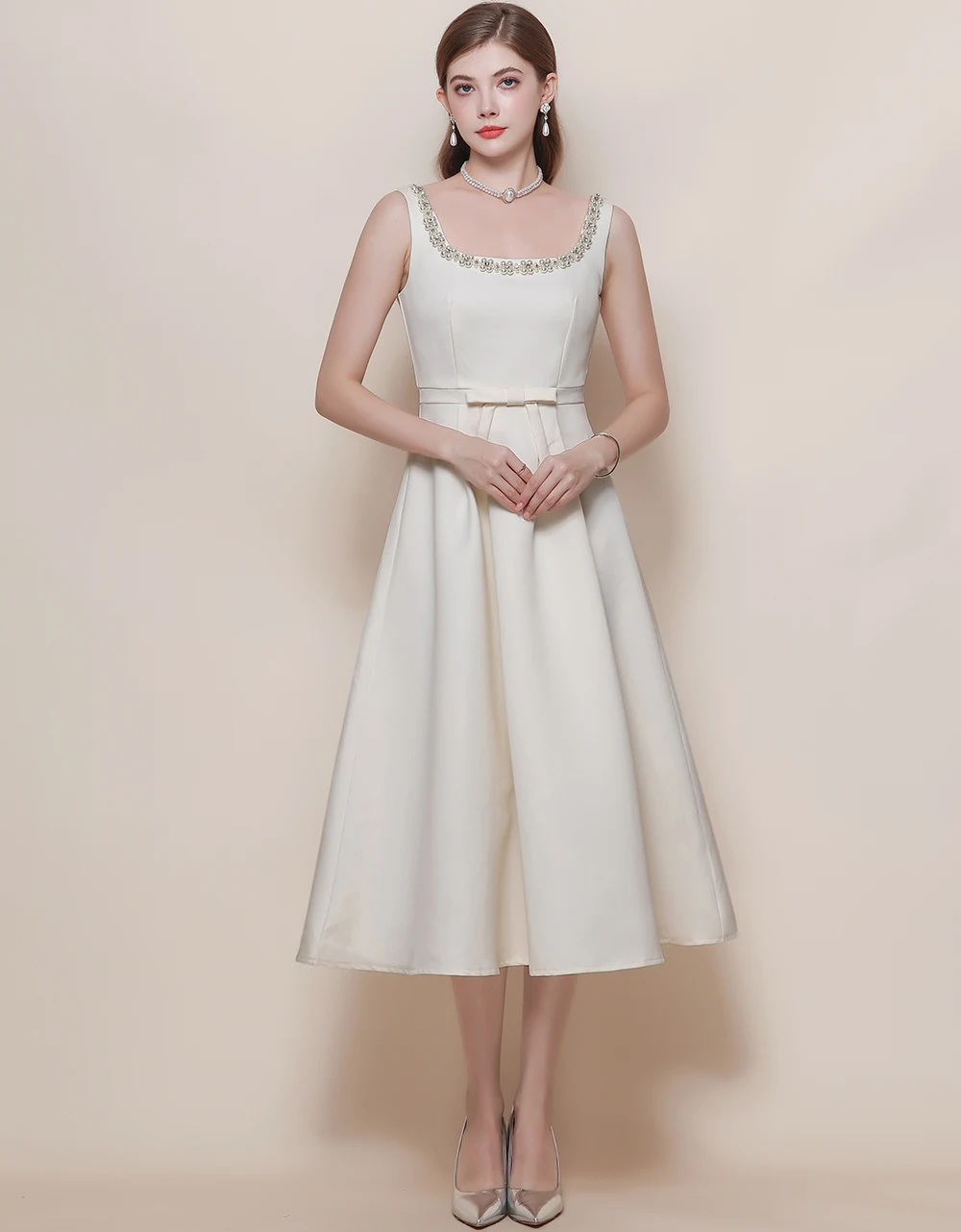 ชุดเดรสสำหรับผู้หญิง ใหม่ สง่างาม แขนกุด คอทรงโอ ชุดเดรสผู้หญิงทรงเข้ารูป ประดับลูกปัด โบว์ ทรงเอไลน์ ชุดเดรสผู้หญิง ชุดเดรสฤดูร้อนสำหรับผู้หญิง Q1929