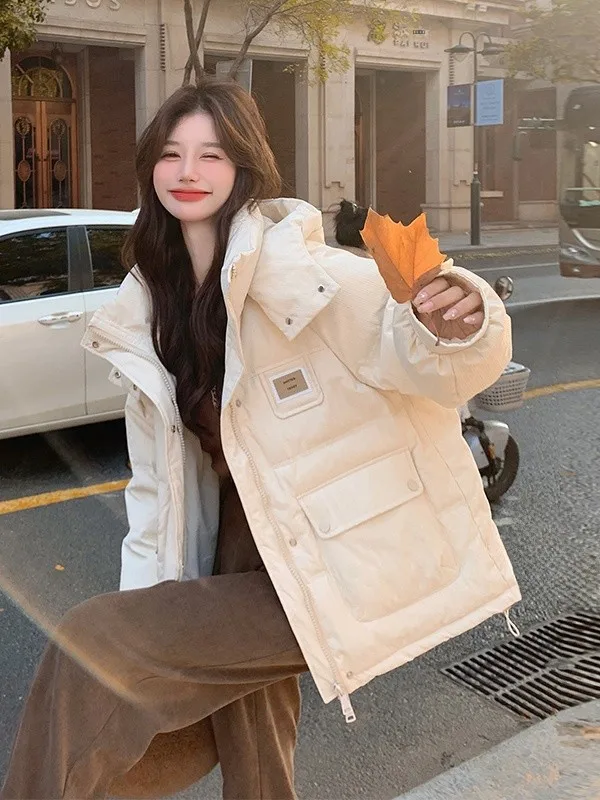 

Milk White Hooded Tagged down Jaet Women's ort Thi Winter 2026 New College Sle Anti-aging Korean Version Outerwear