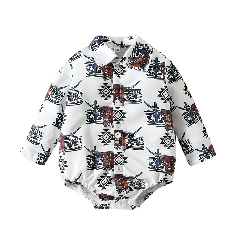 Baby Boys Spring Autumn Casual Romper Long Sleeve Lapel Cattle Horse Print Button Romper