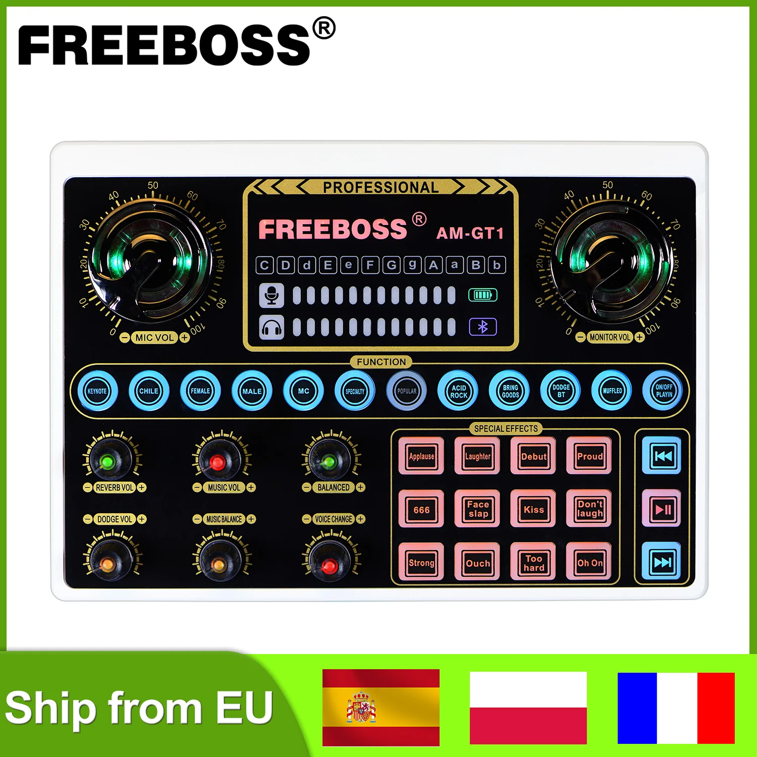 FREEBOSS Live Sound Card Professional DIY 12 Effects Phone PC Recording External Singing Studio Podcast Audio Interface AM-GT1/2