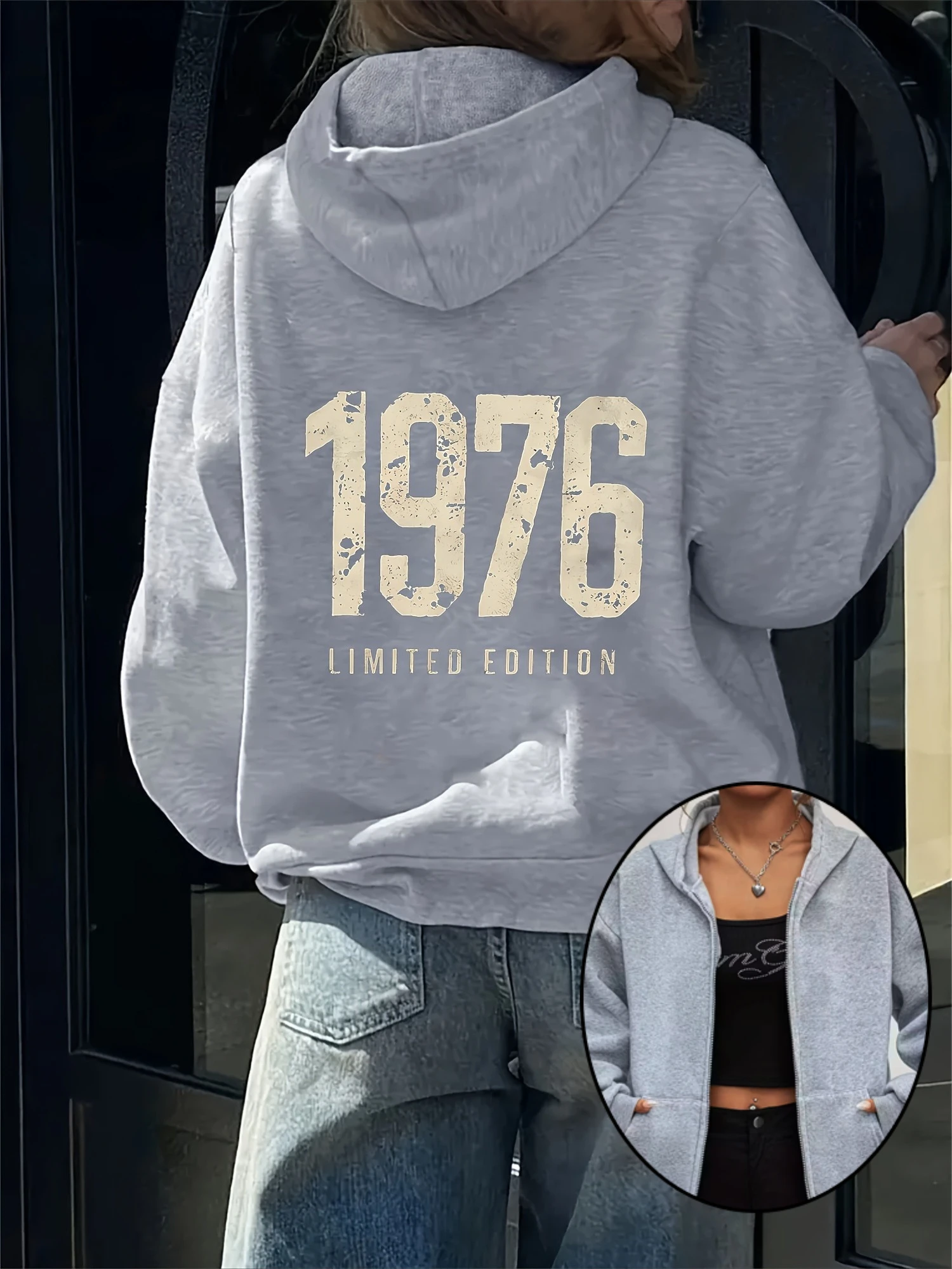 Women'S Cartoon 1976 Letter Pattern Sweatshirt Women's Zipper Hoodies Fleece Jacket Hoody Sweatshirt Pullover Coat All-Season