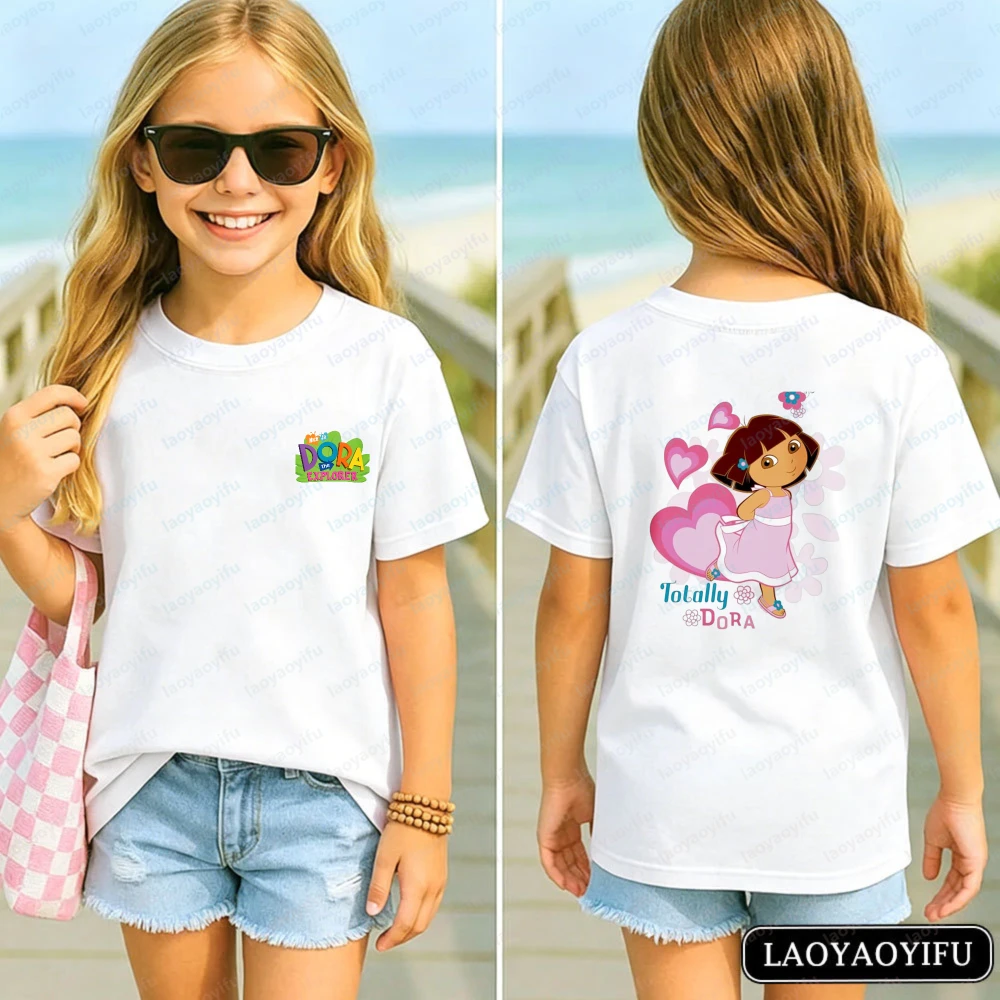 Camiseta Infantil de Algodão Confortável Kawaii Dora a Aventureira com Estampa de Coração Dora em 2 Lados - Blusa de Desenho Animado para Meninas em Promoção
