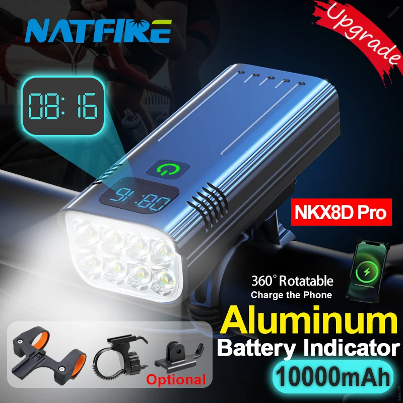 NATFIRE 10000mAh lampka rowerowa cyfrowy wskaźnik poziomu baterii USB akumulatorowa lampka rowerowa zestaw z 3 uchwytami 8 latarka LED