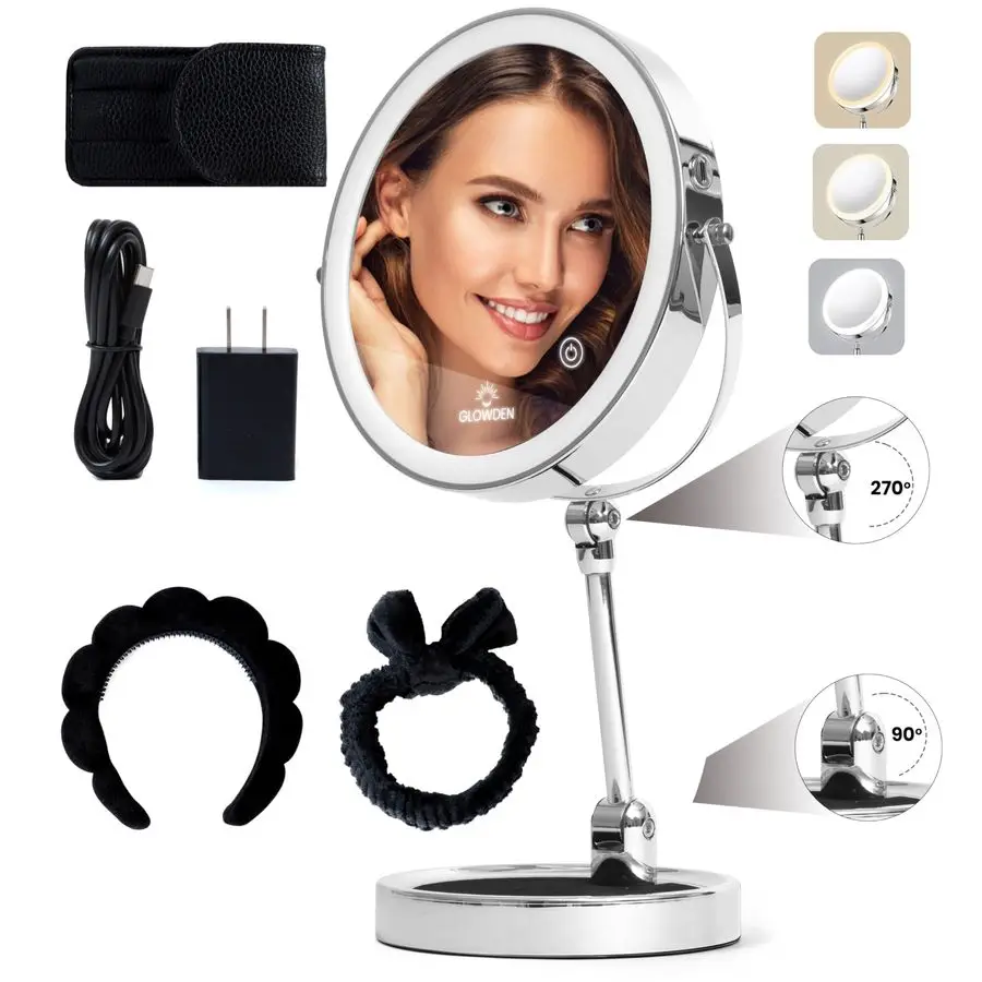 Miroir de maquillage à 9 lumières LED, rechargeable, miroir de courtoisie grossissant 1X 10X avec 3 lumières de couleur, hauteur réglable, grand haut 360