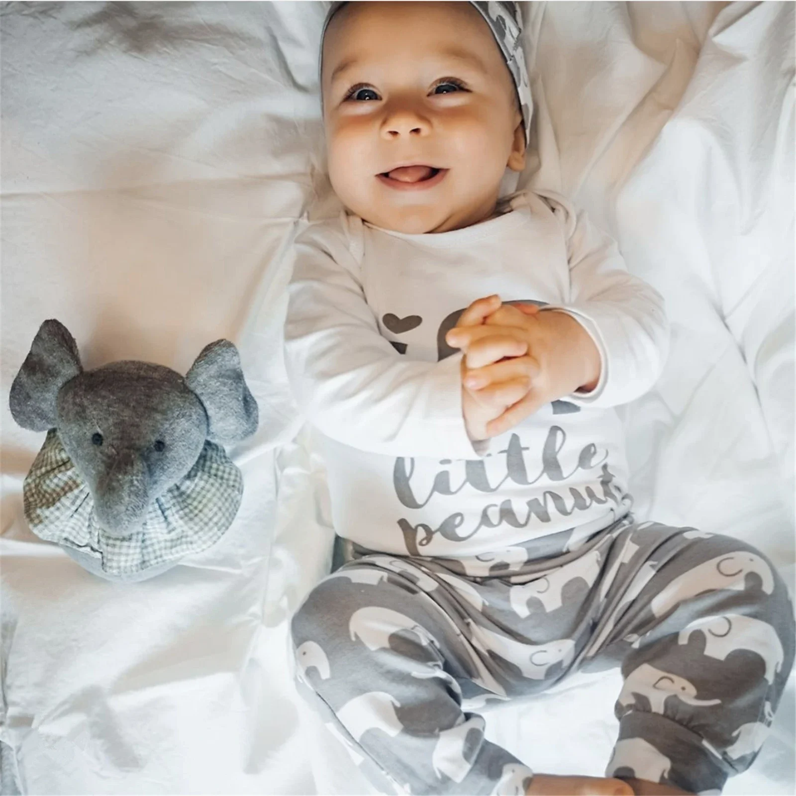 Casual Newborn Baby Boy 3Pcs Outfit Clothes Set New Elephant Printed Long Sleeve Romper Bodysuit Top Infant Pants with Hat