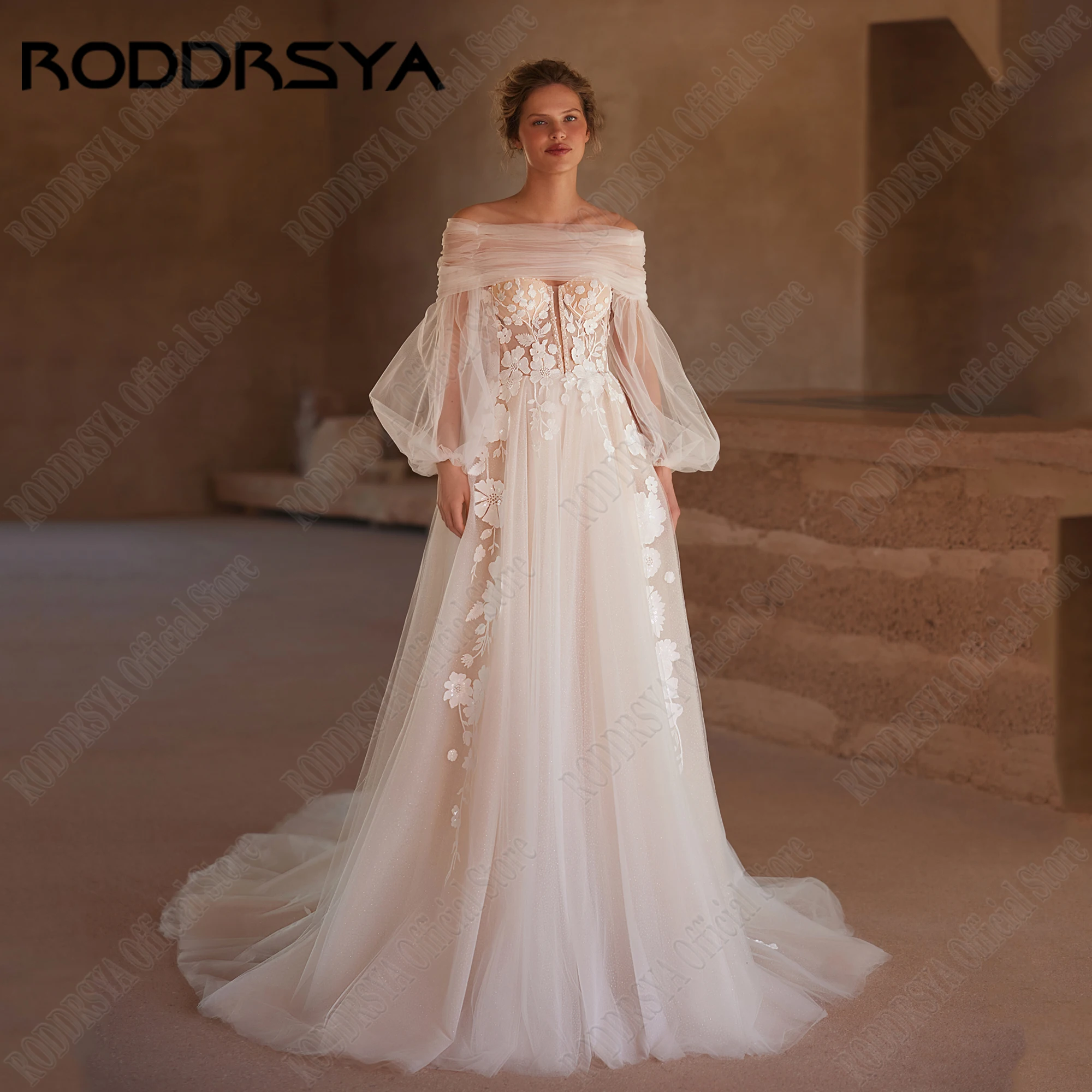 RODDRSYA Sparkling Strapless Wedding Dresses 2024 Bride Puff Sleeves Sequin Beading A-Line Lace Up Robe De Mariée Customized