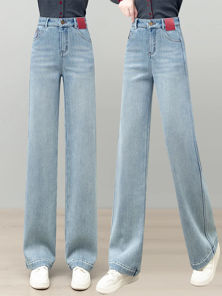 

Джинсы Slim Fit Bootcut для женщин, с высокой талией, утепленные флисом, прямые, синие, осенне-зимняя новинка