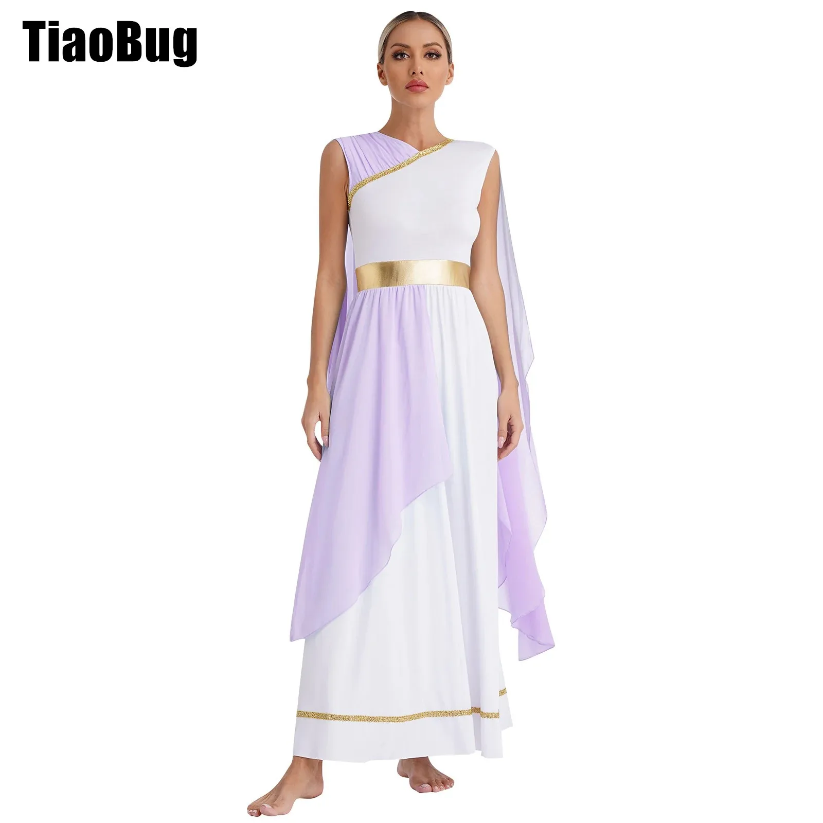 

Womens Greek Beaty Cosplay Costumes Chiffon Cap Sleeve Gold Trims Ancient Toga Greece Roman Queen Dress for Halloween Dress Up