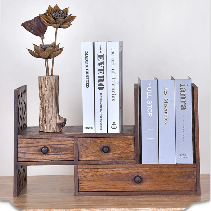

Solid Wood Desktop Mini Bookshelf Vintage-Inspired Storage Stand Carved Drawer Organizer for Office or Study Desk