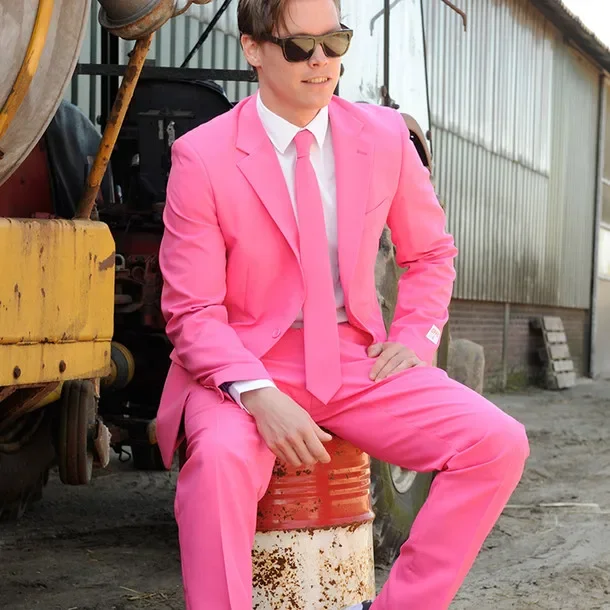 High Quality Hot Pink Causal Men Suit High Street Stylish Blazer Sets Slim Fit 2 Piece Prom Tuxedo Custom Groom Prom Jacket+Pant